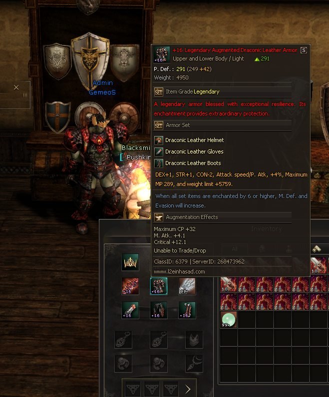 Chest and full armor take it too: the tooltip adds CP, M. Atk. and critical on top of the set bonus.